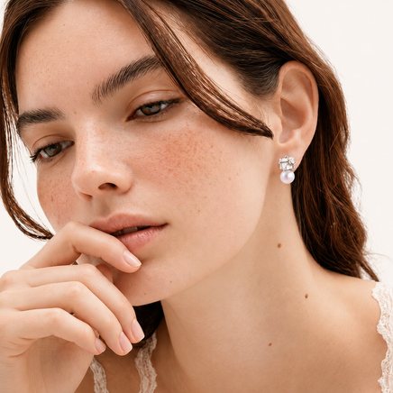 Stardust pearl drop earring with geometric crystal detail styled on model | Olaty