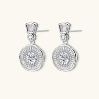 Celestial Moissanite Diamond Drop Earrings showing post backs and round halo design | Olaty