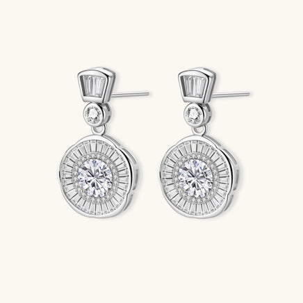 Celestial Moissanite Diamond Drop Earrings showing post backs and round halo design | Olaty