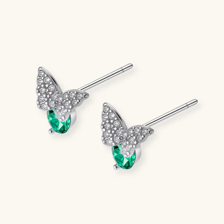 Rear angled view of Green Moissanite Diamond Butterfly Stud Earrings showing post backs and dimensional settings | Olaty