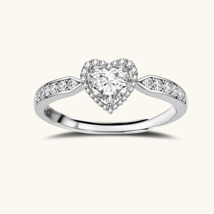 GRA Certified Moissanite Diamond Heart Symphony halo ring in polished sterling silver | Olaty