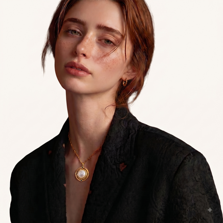 Model wearing cosmic mother of pearl orbital pendant necklace with black textured outfit | Olaty