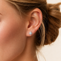 Woman wearing GRA certified moissanite diamond celestial star stud earring in polished 925 sterling silver