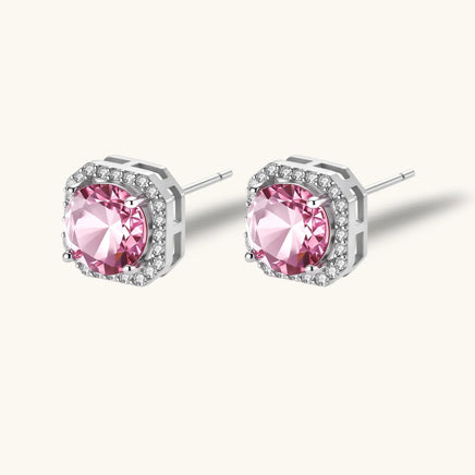 Pink moissanite halo stud earrings with cushion-shaped sterling silver frames | Olaty