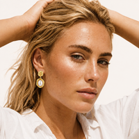 Golden Bloom Pearl Drop Earrings close-up worn on model | Olaty