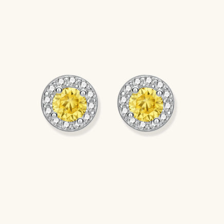 Front view of Yellow Moissanite Diamond Sunburst Halo Stud Earrings with brilliant white stone accents | Olaty