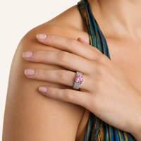 Model wearing GRA certified pink moissanite statement ring in sterling silver | Olaty
