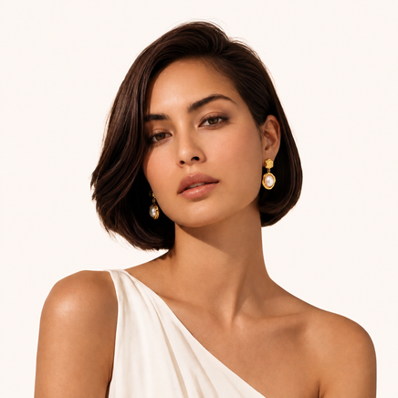 Golden Bloom Freshwater Pearl Earrings styled on model | Olaty