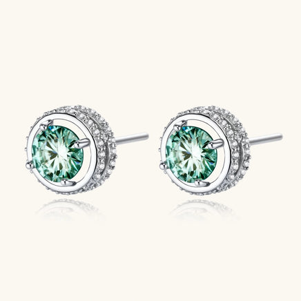 Green Moissanite Diamond Emerald Spark Halo Stud Earrings with polished silver setting and brilliant accents | Olaty