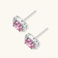 Side and back view of pink moissanite stud earrings showing open sterling silver settings | Olaty
