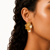 Bloom double floral earring close-up on model highlighting layered petals and crystal accented centers | Olaty