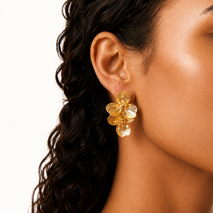 Bloom double floral earring close-up on model highlighting layered petals and crystal accented centers | Olaty