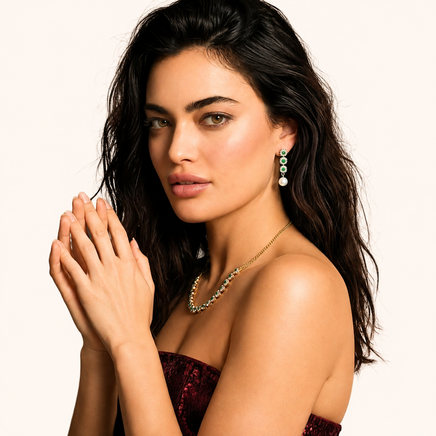 Model wearing green and clear Zirconia floral necklace with matching pearl drop earrings | Olaty