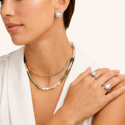 Radiant Pearl Halo stud earrings with geometric crystal halos styled on model | Olaty