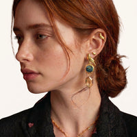 Side profile of model wearing gold bird drop earring with abalone shell and faceted crystal | Olaty
