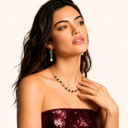 Model wearing multicolor zirconia necklace and matching pearl drop earrings | Olaty
