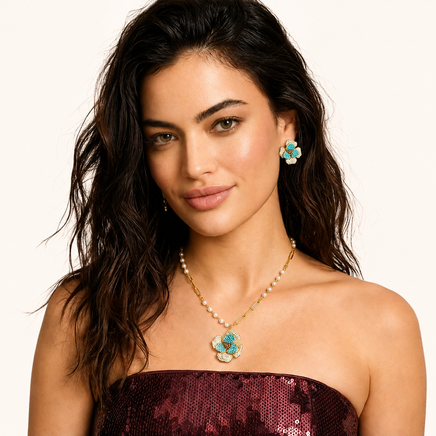 Sapphire Bloom blue floral jewelry set styled on model | Olaty