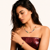 Model wearing Lucky Clover rainbow zirconia necklace and matching bracelet | Olaty