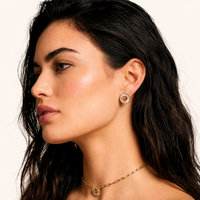 Model wearing clear Zirconia circular stud earrings and matching pendant necklace | Olaty