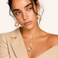 Close-up of model wearing Blooming Garden pink and mint floral statement drop earrings | Olaty