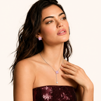 Model wearing pink square Zirconia necklace and matching Statement Stud Earrings | Olaty