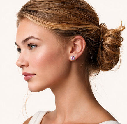 Pink moissanite halo stud earring worn on ear with elegant polished silver setting | Olaty