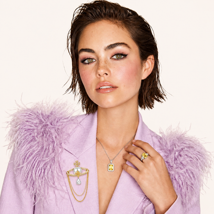 Model styling GRA Certified Yellow Moissanite Diamond Radiance necklace and ring set | Olaty