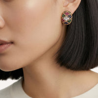 Close-up of model wearing multicolor zirconia mosaic dome stud earring | Olaty