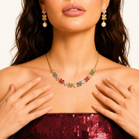 Close-up of Garden Bloom multicolor floral necklace and pearl drop earrings on model | Olaty