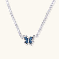 Product video showcasing Denim Fabric Butterfly Tennis Necklace with denim fabric butterfly details and a sparkling tennis necklace design | Olaty