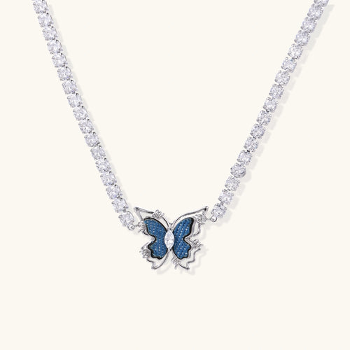Product video showcasing Denim Fabric Butterfly Tennis Necklace with denim fabric butterfly details and a sparkling tennis necklace design | Olaty