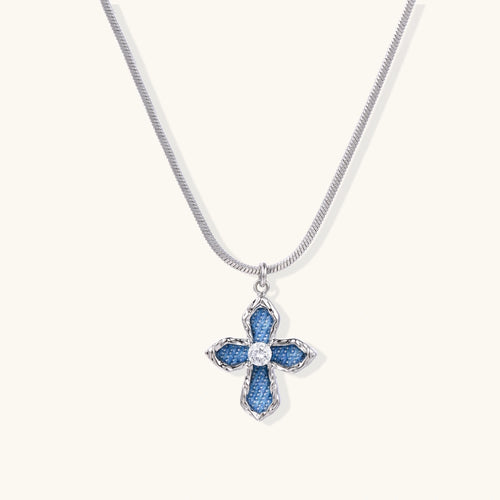 Product video showcasing Denim Cross Pendant Necklace with denim-inspired details and a bold cross pendant design | Olaty