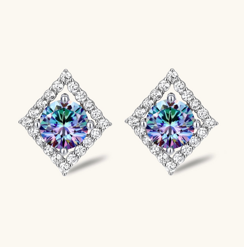 Product video showcasing GRA Certified Rainbow Moissanite Diamond Prism Dreams Stud Earrings with brilliant rainbow moissanite stones and sparkling prism-inspired details | Olaty