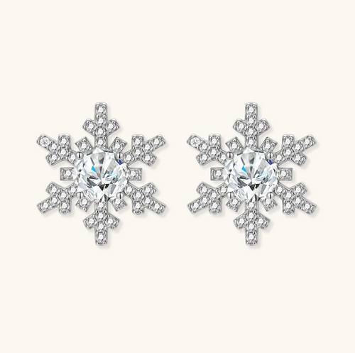 Product video showcasing GRA Certified Moissanite Diamond Winter Spark Snowflake Stud Earrings with brilliant moissanite stones and sparkling snowflake-inspired details | Olaty