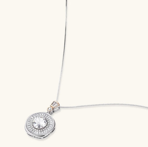 Product video showcasing GRA Certified Moissanite Diamond Radiant Halo Necklace with a brilliant moissanite center stone and sparkling radiant halo pendant details | Olaty