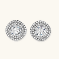 Product video showcasing GRA Certified Moissanite Diamond Double Halo Stud Earrings with brilliant moissanite center stones and sparkling double halo details | Olaty