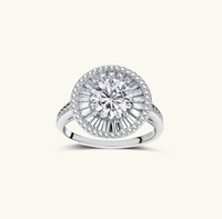Product video showcasing GRA Certified Moissanite Diamond Celestial Halo Ring with a brilliant moissanite center stone and sparkling celestial-inspired halo details | Olaty