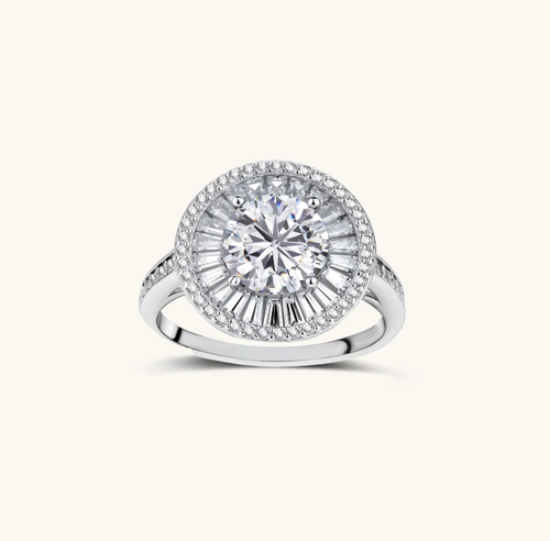 Product video showcasing GRA Certified Moissanite Diamond Celestial Halo Ring with a brilliant moissanite center stone and sparkling celestial-inspired halo details | Olaty