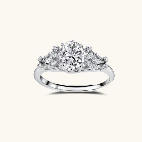 Product video showcasing GRA Certified Moissanite Diamond Oval Floral Promise Ring with a brilliant oval moissanite center stone and sparkling floral-inspired details | Olaty