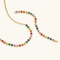 Product video showcasing Lucky Clover Rainbow Zirconia Necklace & Bracelet Set with vibrant multicolor zirconia stones, clover-inspired details and coordinated necklace and bracelet | Olaty