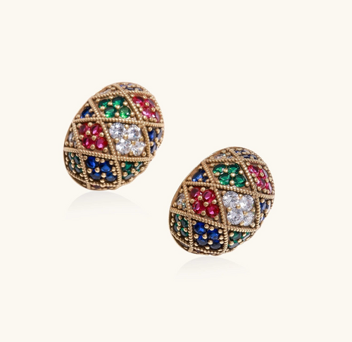 Product video showcasing Empress Mosaic Rainbow Statement Stud Earrings with vibrant multicolor mosaic details and ornate statement design | Olaty