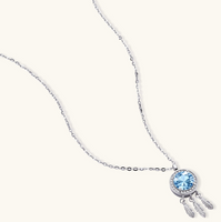 Product video showcasing GRA Certified Blue Moissanite Diamond Dreamcatcher Necklace with brilliant blue moissanite stones and sparkling dreamcatcher-inspired pendant details | Olaty