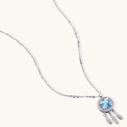 Product video showcasing GRA Certified Blue Moissanite Diamond Dreamcatcher Necklace with brilliant blue moissanite stones and sparkling dreamcatcher-inspired pendant details | Olaty