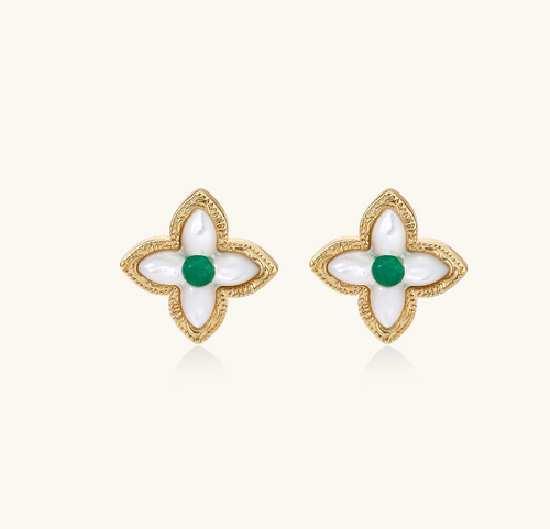 Product video showcasing Lucky Clover Mother of Pearl Gemstone Stud Earrings with luminous mother of pearl inlays and four-leaf clover-inspired settings | Olaty