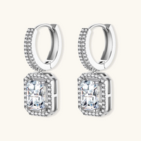 Product video showcasing GRA Certified Moissanite Diamond Emerald Cut Drop Earrings with brilliant emerald-cut moissanite stones and sparkling drop details | Olaty