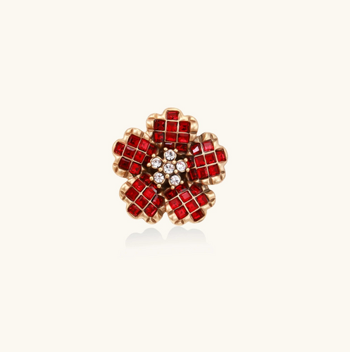 Product video showcasing Crimson Bloom Statement Ring with a bold crimson floral centerpiece and sculptural gold-tone setting | Olaty
