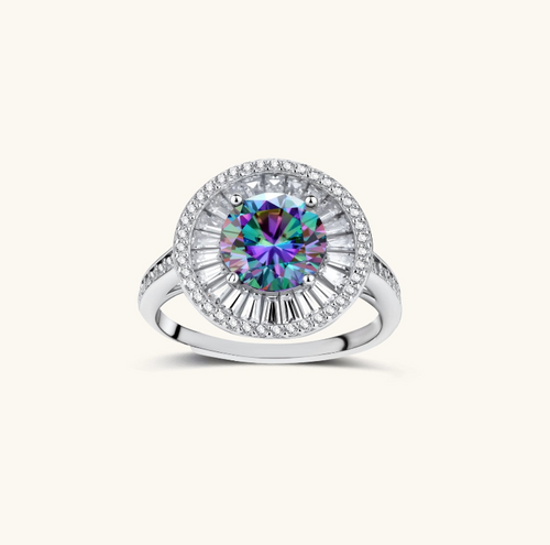 Product video showcasing GRA Certified Rainbow Moissanite Diamond Starlight Halo Ring with a brilliant rainbow moissanite center stone and sparkling starlight halo details | Olaty