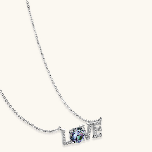 Product video showcasing GRA Certified Rainbow Moissanite Diamond Love Necklace with brilliant rainbow moissanite stones and sparkling love-inspired pendant details | Olaty