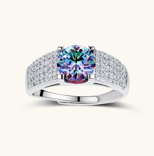 Product video showcasing GRA Certified Rainbow Moissanite Diamond Prism Power Ring with a brilliant rainbow moissanite center stone and sparkling prism-inspired details | Olaty
