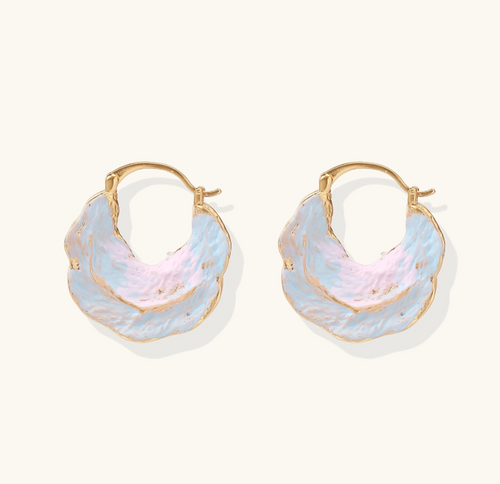 Product video showcasing Tide Pool Iridescent Shell Statement Hoop Earrings with luminous iridescent shell details and bold sculptural hoop design | Olaty
